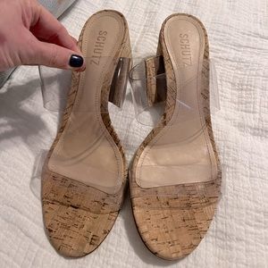 Schutz clear block heel sandal, victorie style cork size 9